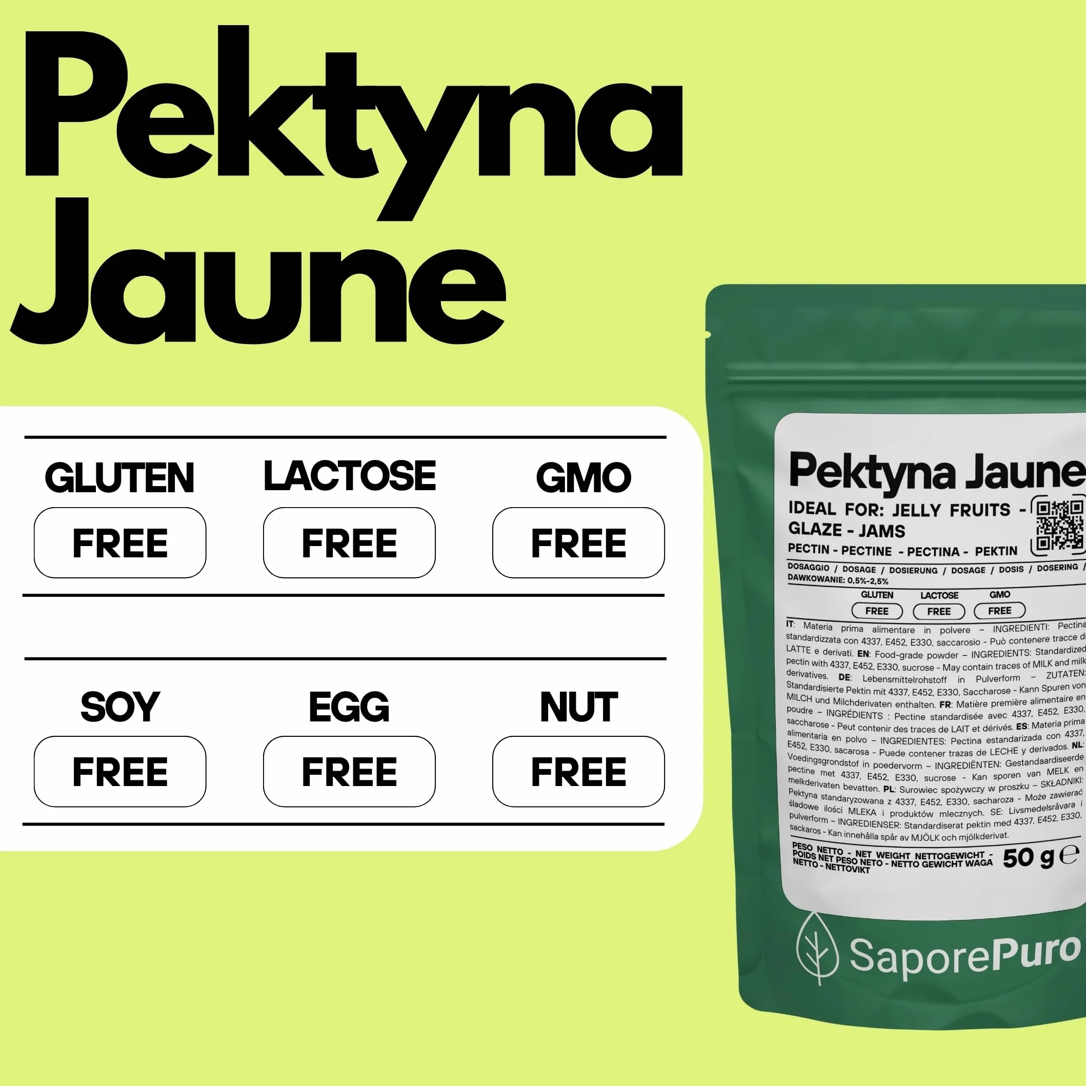 SaporePuro Pektyna Jaune 50 g – Naturalny Środek Żelujący o Wysokiej Mocy Żelującej do Dżemów i Galaretek – BEZ GLUTENU