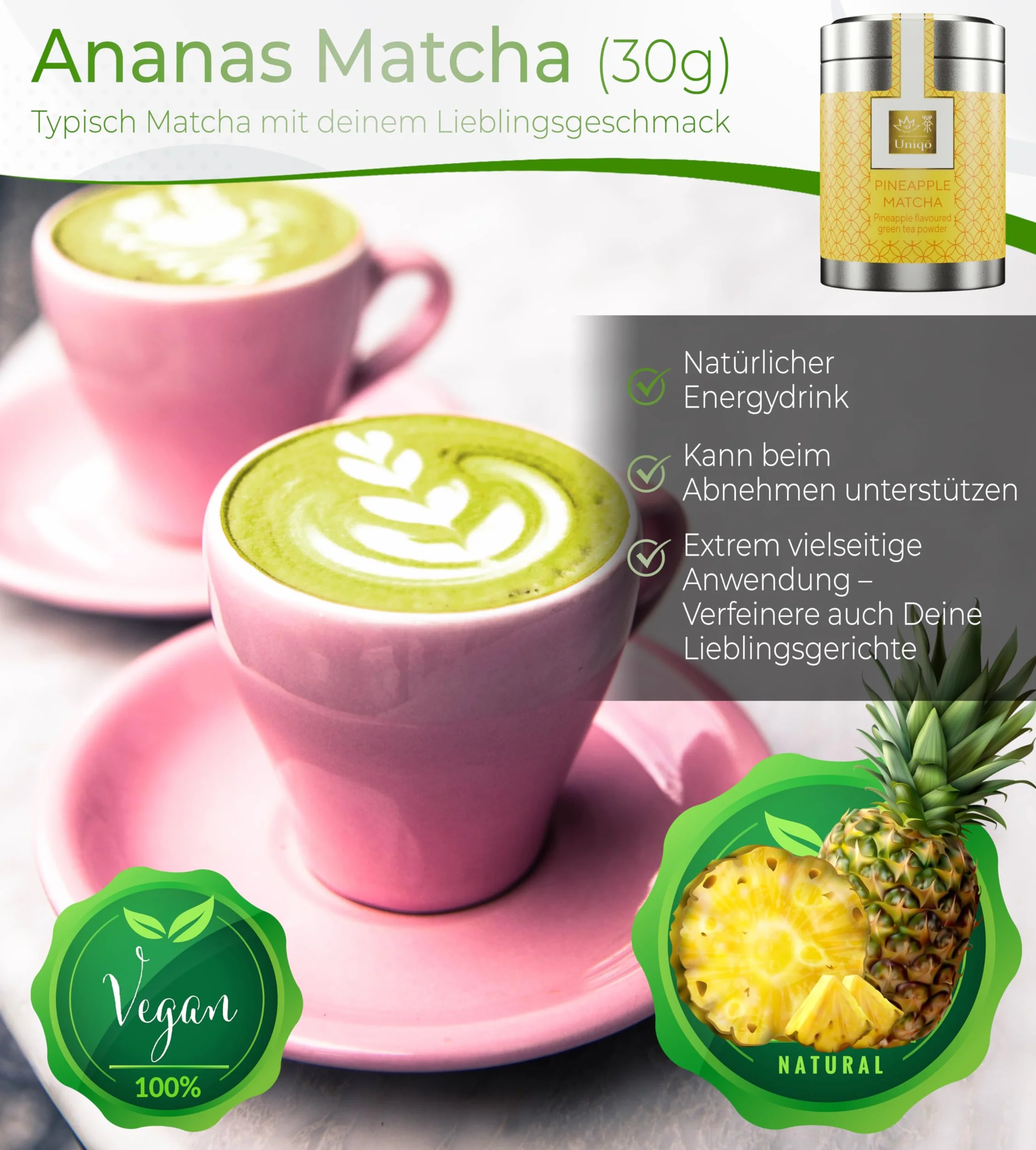 Tea Uniqo Ananas matcha latte herbata w proszku, idealna do bubble tea, koktajli lub picia bez dodatków, japońska herbata macha w proszku o smaku ananasa, bez sztucznych barwników w szlachetnej puszce