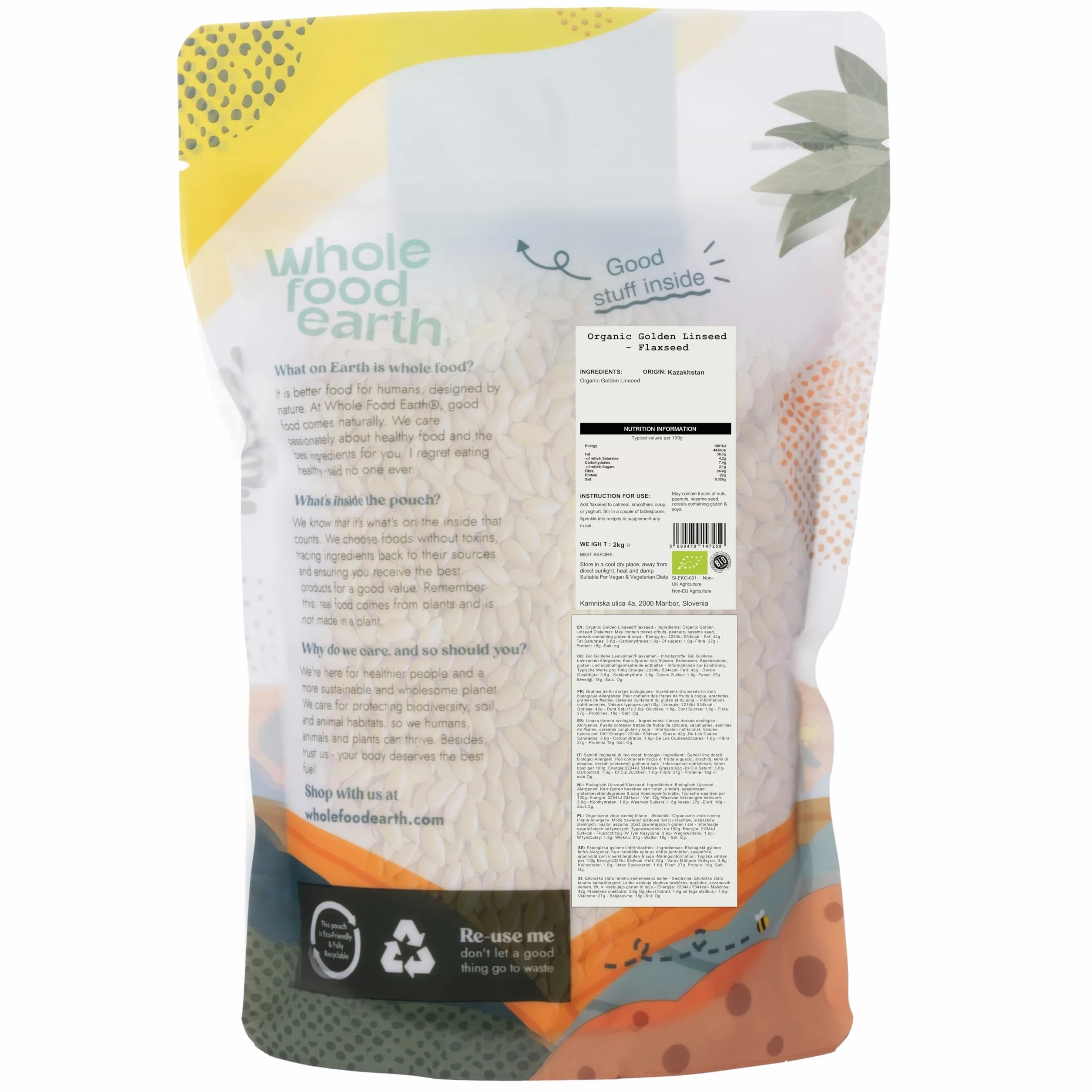 Wholefood Earth Ekologiczne Złote Siemię Lniane, Surowe, bez GMO, Wegańskie, o Zawartości Błonnika, Źródło Białka, 2 kg