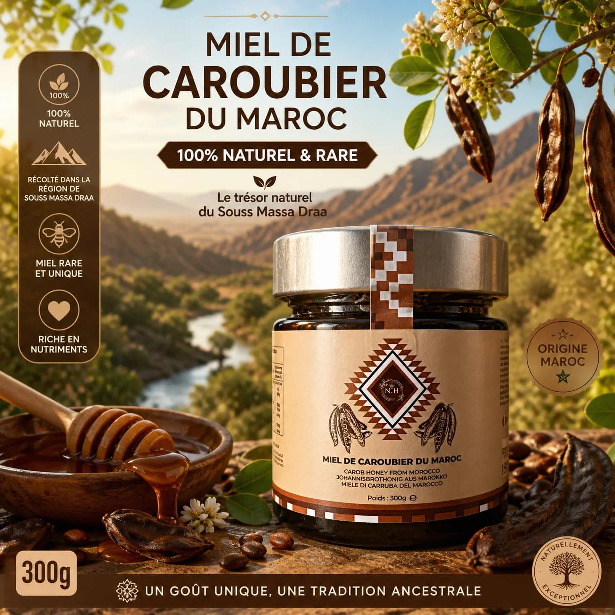Miód Caroubier z Maroka 300g naturalny z regionu Souss Massa Draa