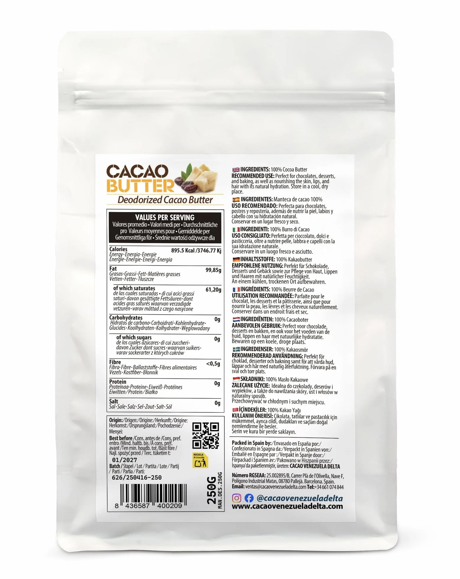 Masło kakaowe Cacao Venezuela Delta 250 g dezodoryzowane