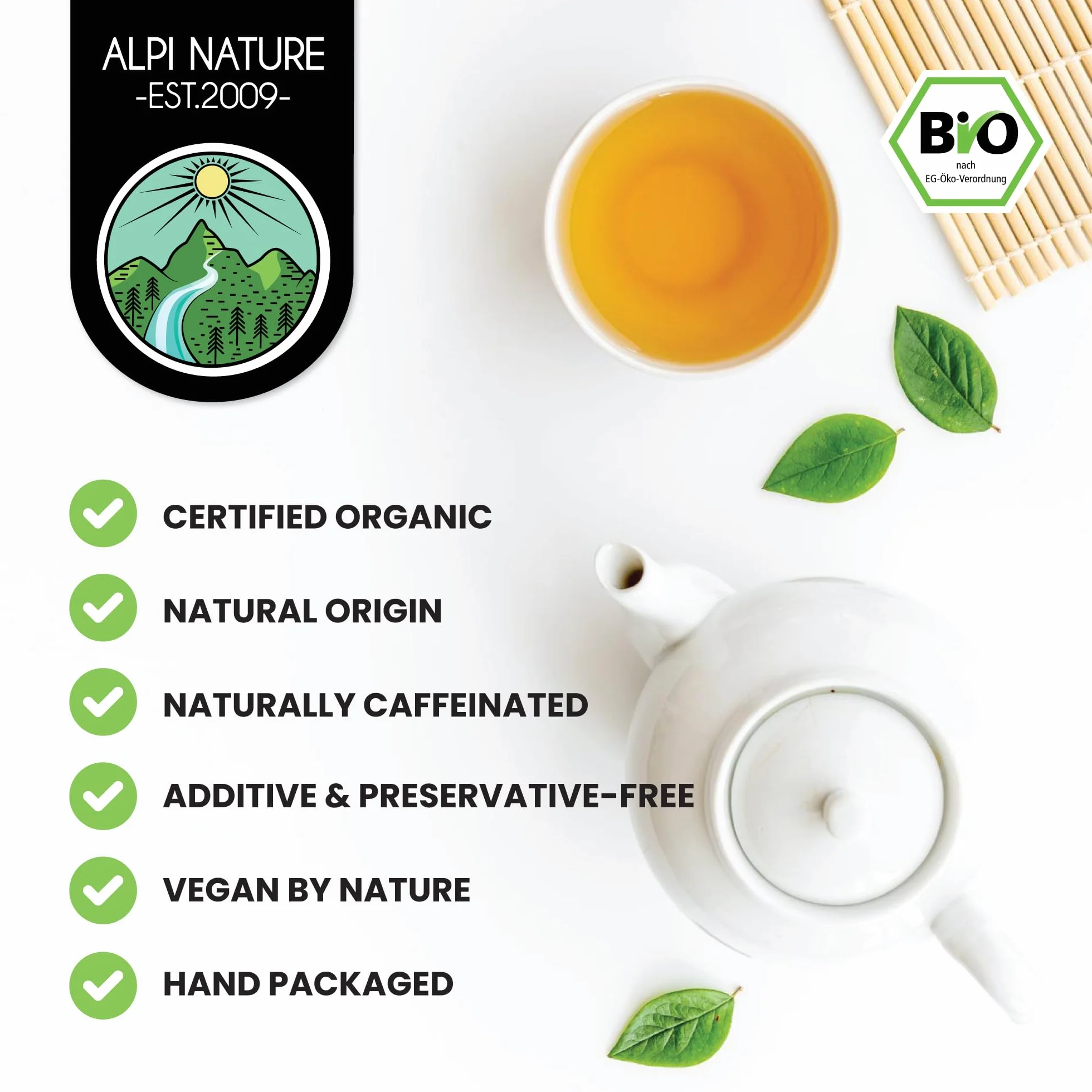 Alpi Nature Ekologiczna Herbata Jaśminowa 200g, Zielona Herbata z Kwiatami Jaśminu, Naturalnie Zawierająca Kofeinę
