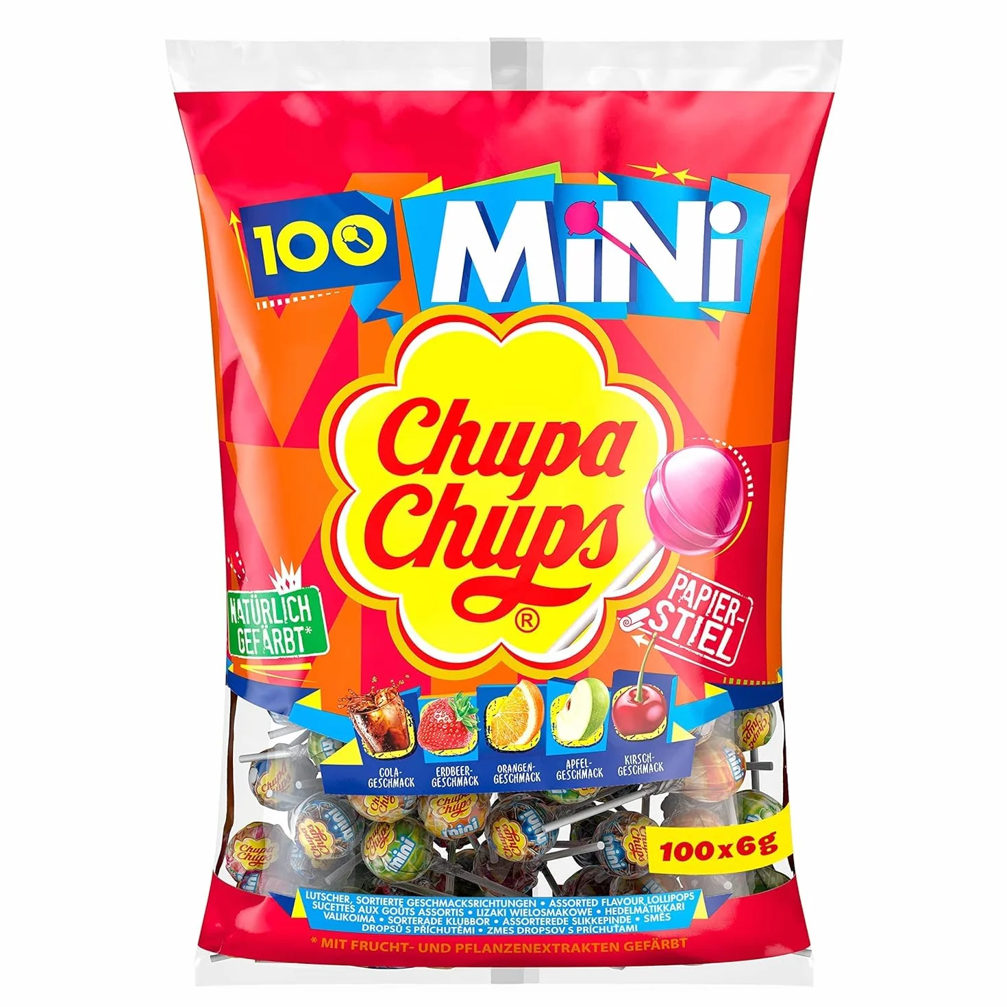 Chupa Chups Mini Classic Lizaki Owocowe, Pomarańczowy, 100 sztuk