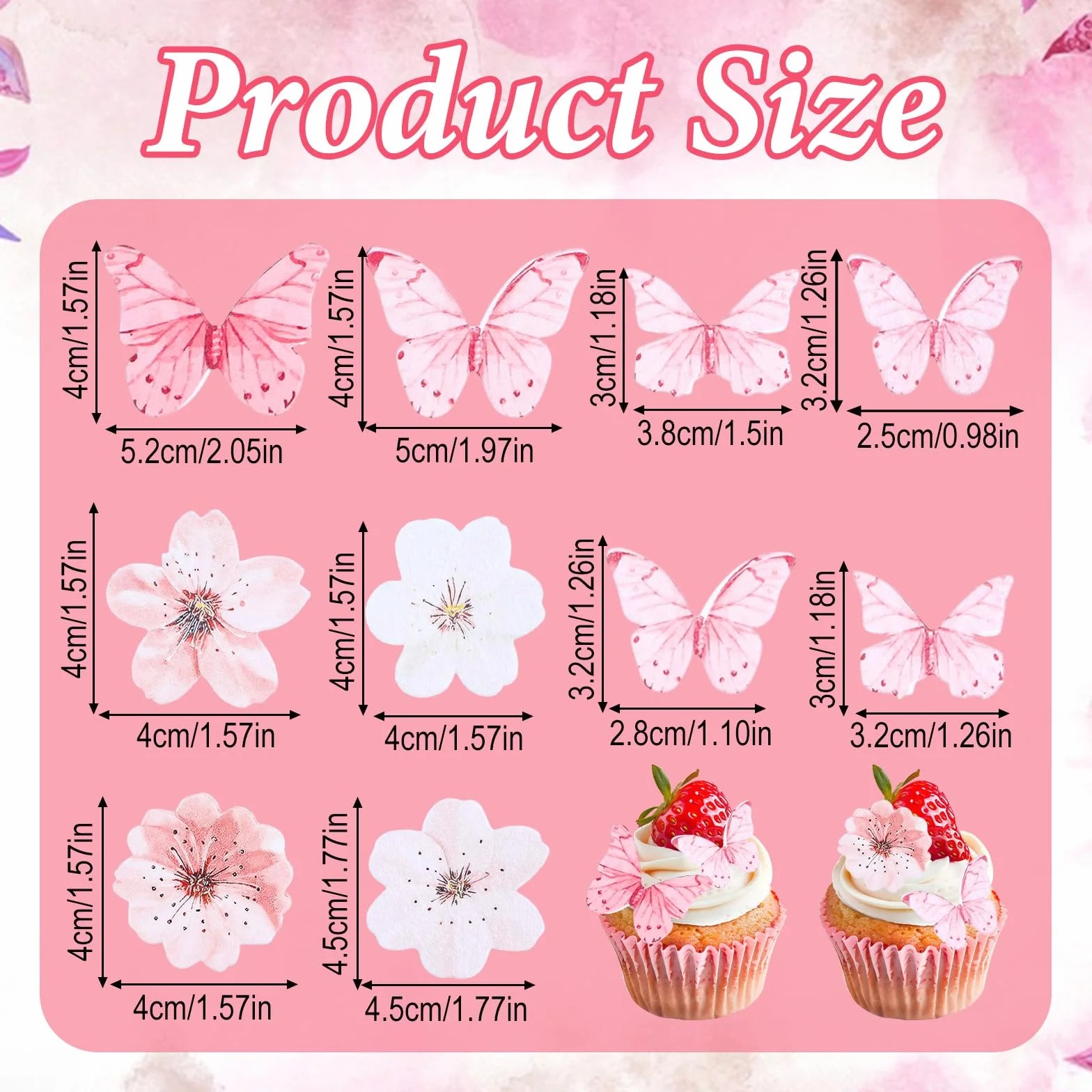 90 szt. jadalne kwiaty motyl dekoracja tortu, różowy papier waflowy motyl babeczki toppery jadalny kwiat wiśni ciasto topper ciasta kostki na baby shower dzieci urodziny dekoracje ślubne