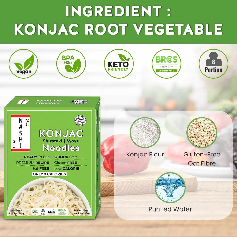 Nashi Konjac Shirataki Premium Noodles (8 × 190 g) - Bez zapachu, odpowiedni dla wegan, beztłuszczowy i niskokaloryczny, przyjazny dla glukomannanu keto, dieta niskowęglowodanowa, gotowa do spożycia