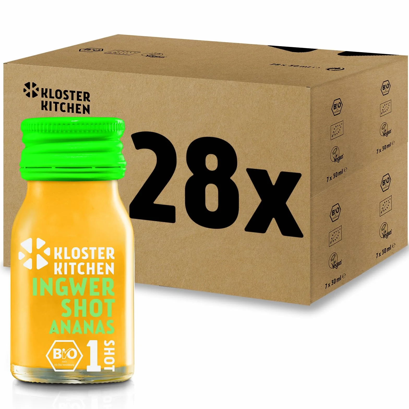 Kloster Kitchen Bio Imbir Shot Ananas 28 x 30 ml Wegański Shot w Szklanej Butelce To Go Słodko-Ostry