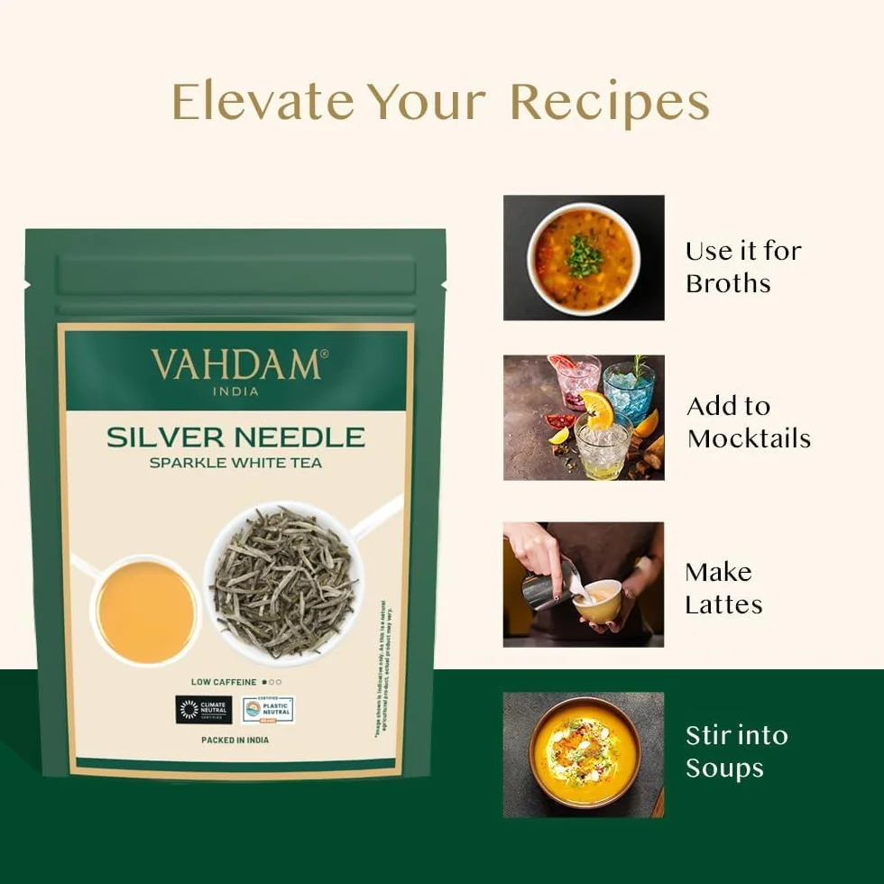 VAHDAM Silver Needle lisci bialej herbaty Loose (25 Cups) | Najzdrowsze herbaty, 100% Natural White Tea Leaves | Potezne antyutleniacze, kofeina Darmowe | Brew jak goraca herbata, Iced Tea lub herbata Kombucha | 50gm