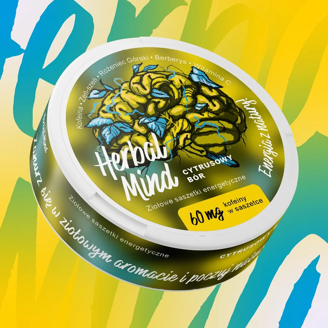 HerbalMind ziołowe saszetki energetyczne 60 mg kofeiny "Cytrusowy Bór" 20szt. Snusy kofeinowe z adaptogenami bez nikotyny. Woreczki energetyczne Herbal Pouches Żeń-szeń Rózeniec górski snus