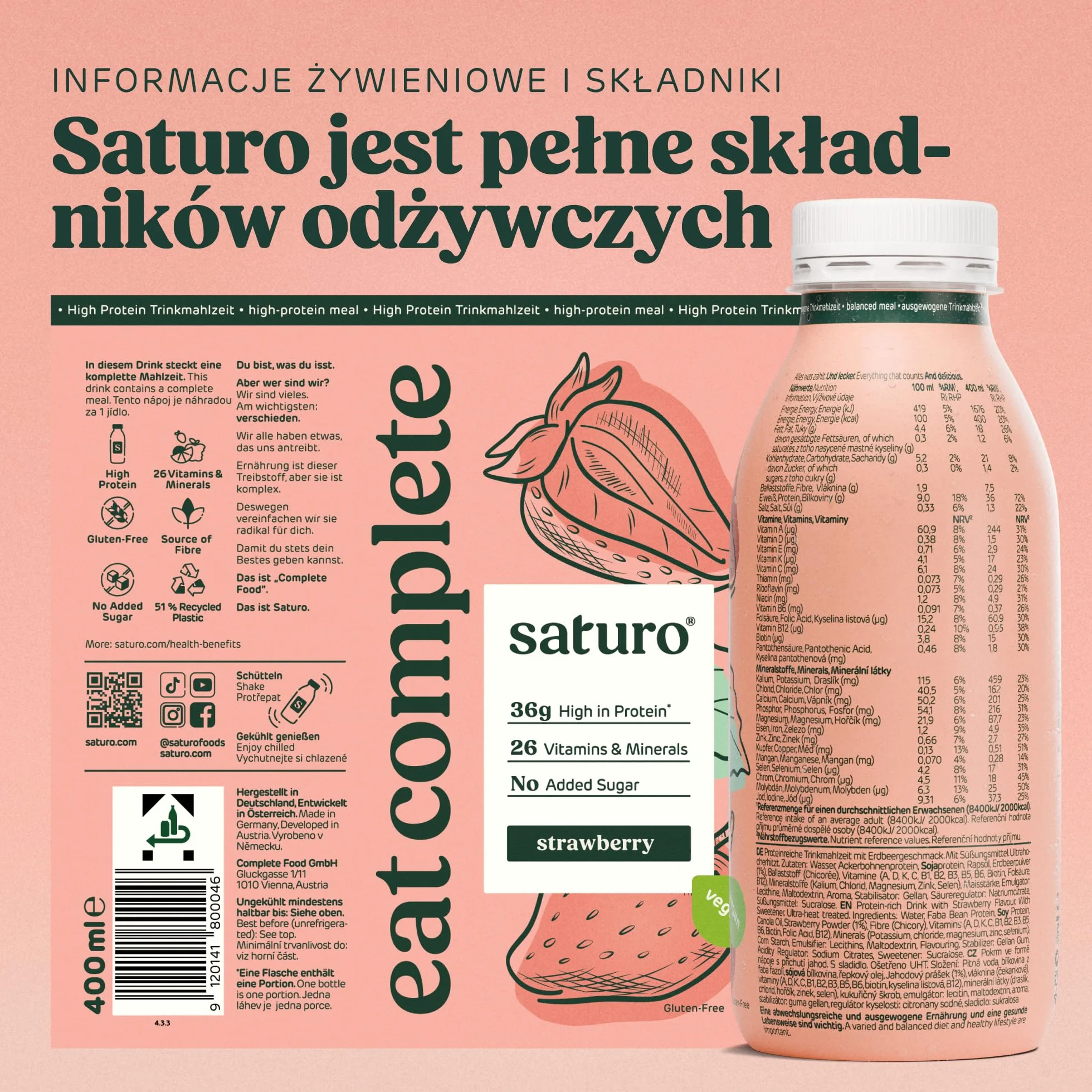 Saturo Pożywienie do picia truskawka 330 kcal białko 8 x 330 ml