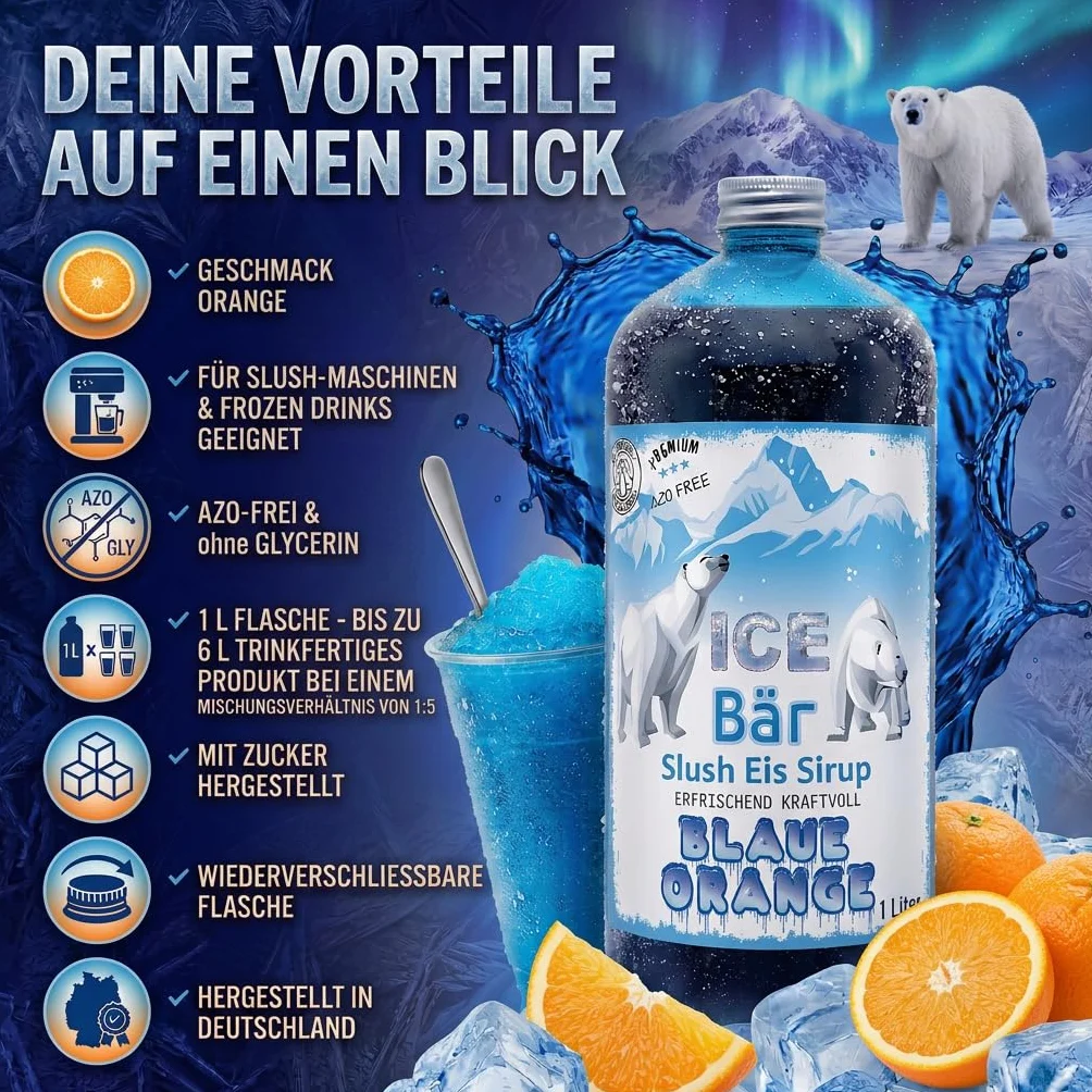 ICE Bear syrop wolny od azu, butelka 1 l, koncentrat do przyrządzania napojów slushy, maszyn do lodów, maszyn do lodów od 1:5 do 1:20 (niebieski pomarańczowy)