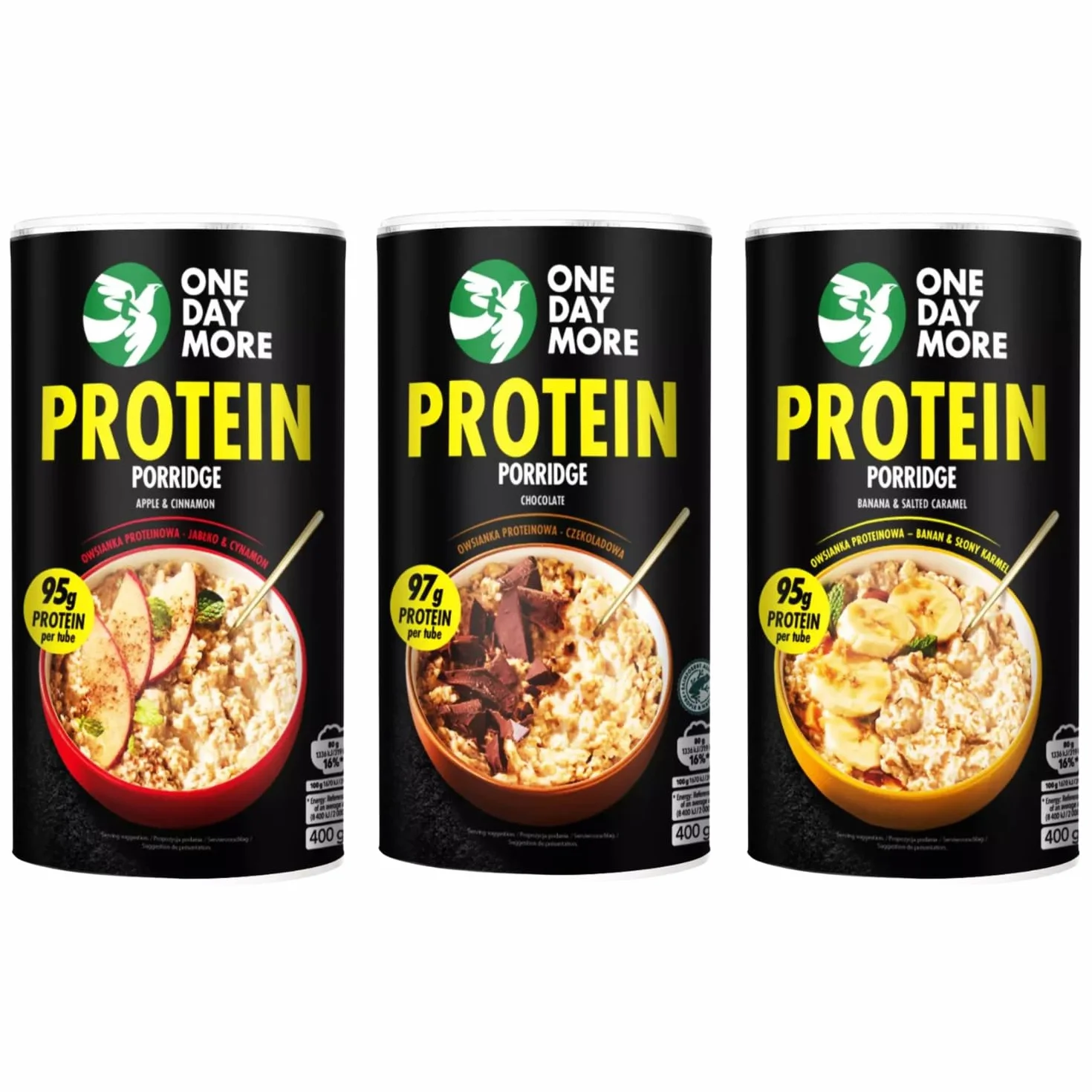 OneDayMore - Zestaw 3 tub Owsianka proteinowa: Jabłkowa z cynamonem, Czekoladowa, Bananowa ze słonym karmelem płatki owsiane błonnik białkowa białko owocowa