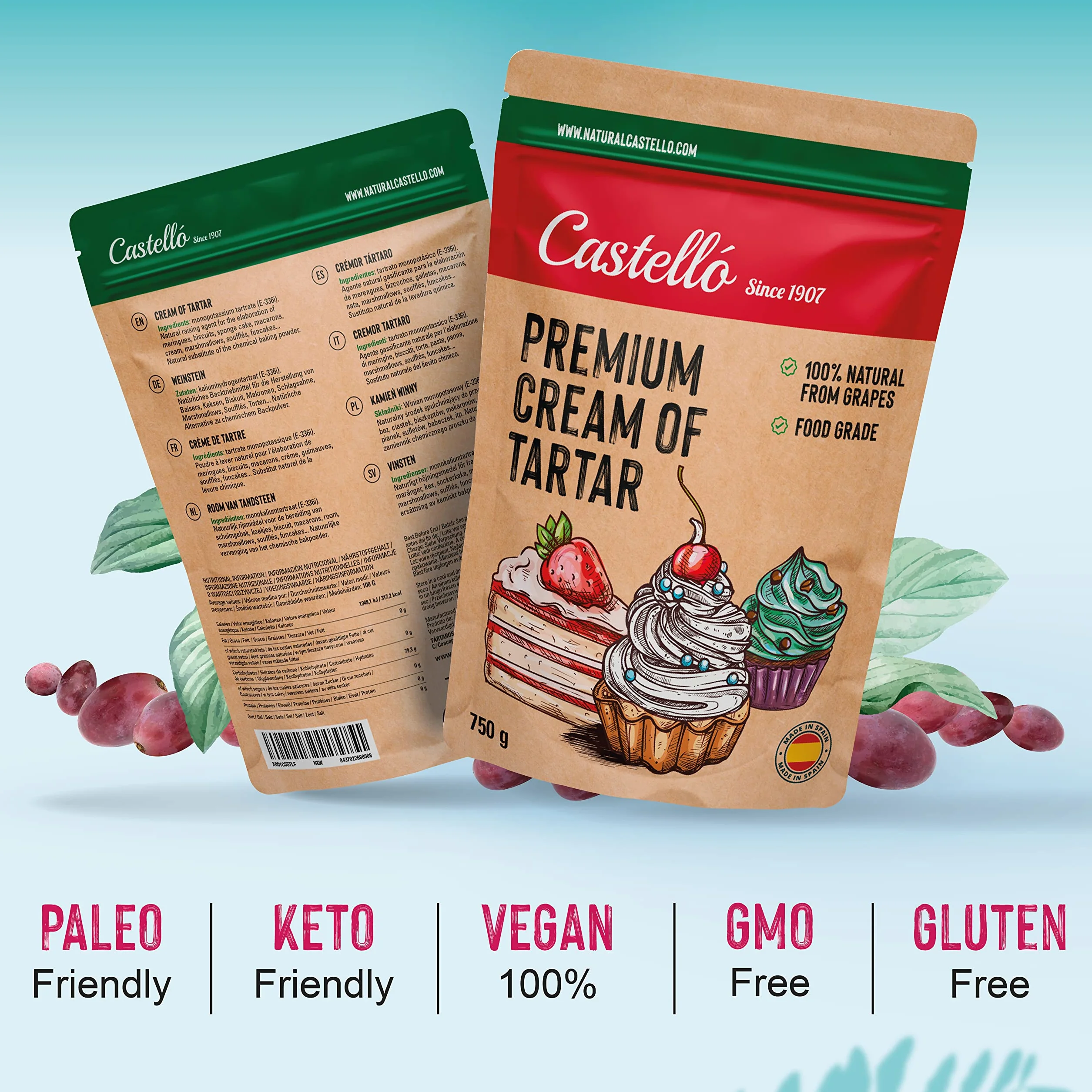 Castello since 1907 Kamień winny (Cream of Tartar) 750 g - 100% naturalny - Naturalna substytutka proszku do pieczenia - Bezglutenowy - Bez fosforanów - Keto i Paleo - Bez GMO