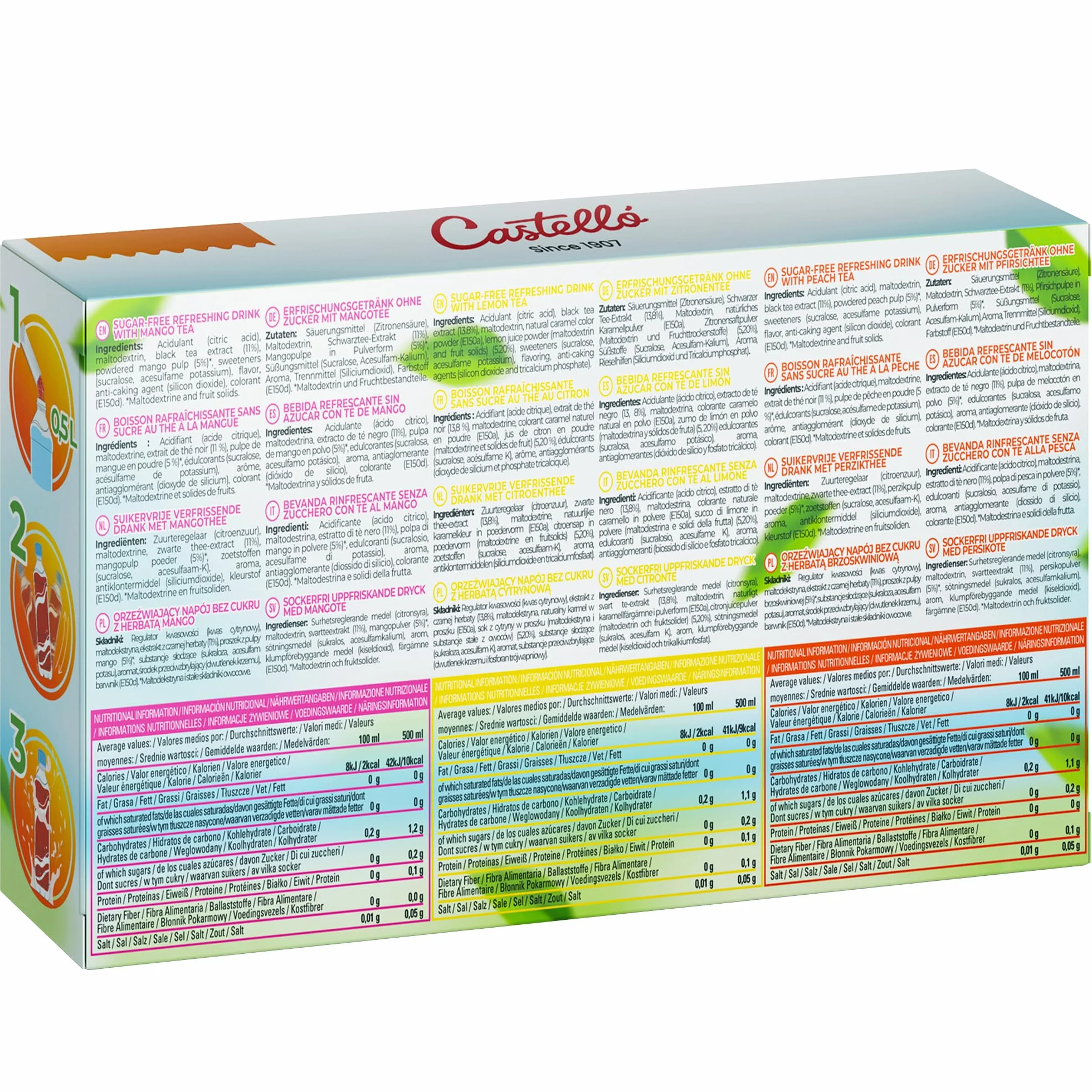 Castello since 1907 Mrożona Herbata (Ice Tea - Iced Tea) Rozpuszczalna Zero w Saszetkach | 36 Sztuk | 3 Smaki | Zero Kalorii, Bez Cukru, Bez Aspartamu