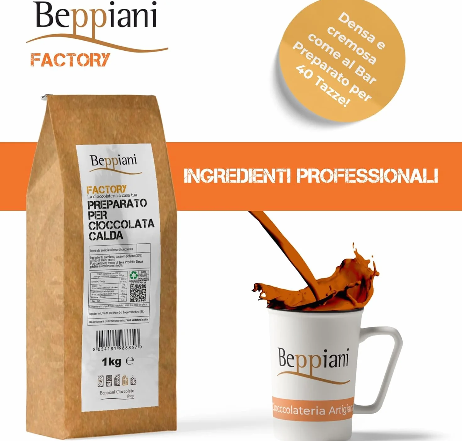 Beppiani, gorąca czekolada 1kg, przygotowana na gorącą czekoladę, odpowiednik 40 dawek gorącej czekolady saszetki, gęste i kremowe jak w barze, intensywny aromat, naturalne składniki i bezglutenowe