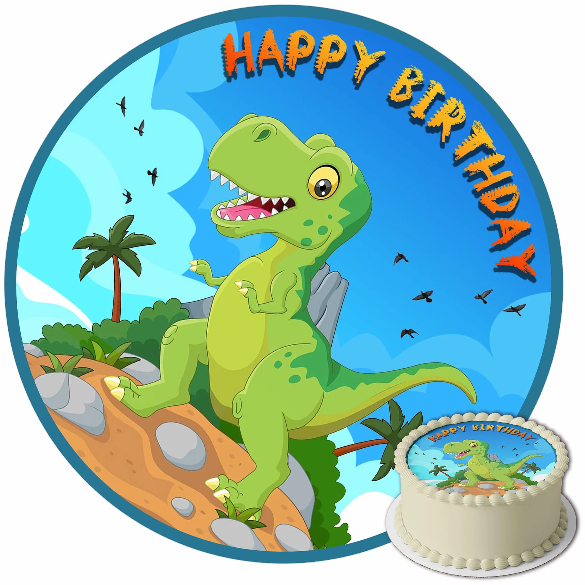 J&M DECO Nakładka na tort Dino – jadalne dinozaury dekoracja tortu Ø 20 cm – kolorowy obraz na tort na urodziny dziecka – gotowa do użycia na papierze cukrowym – Made in EU