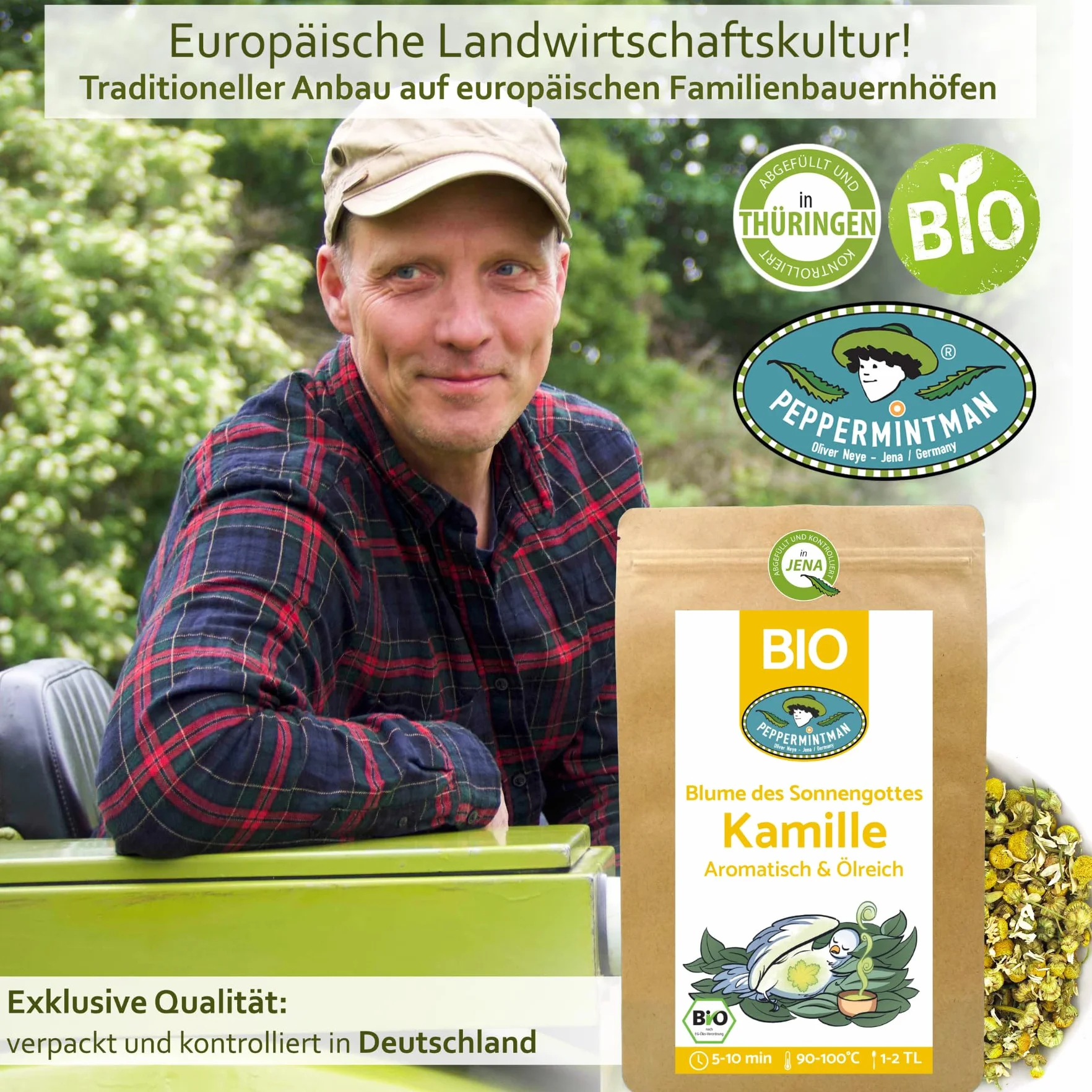 Bio herbata rumiankowa 300 g z Europy – wysokoolejowa – suszone całe kwiaty rumianku – aromatyczna i bogata w olej – bezpośrednio z europejskiego zakładu rodzinnego PEPPERMINTMAN