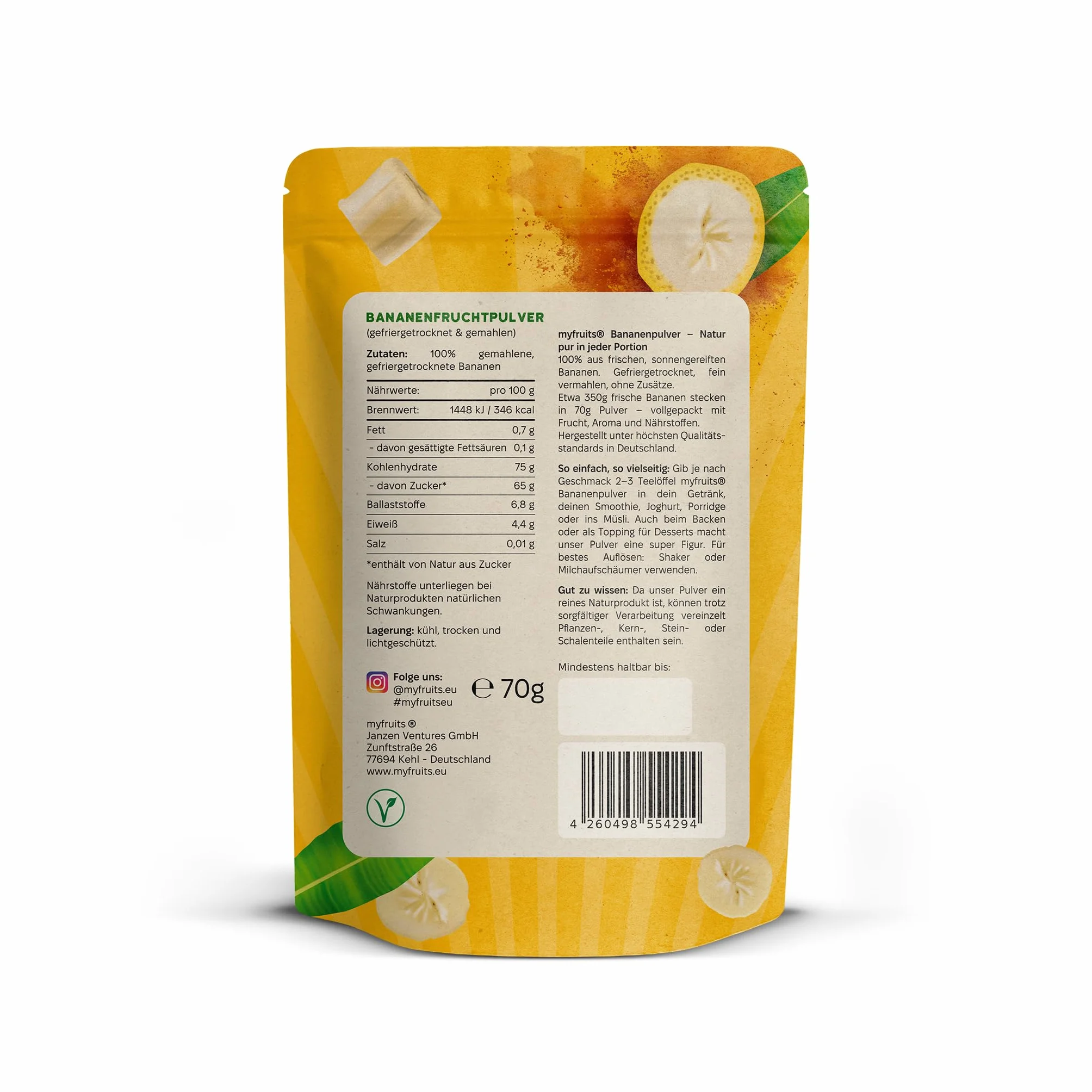myfruits® Proszek bananowy – bez dodatków, w 100% z bananów, liofilizowany, proszek owocowy do smoothie, shakes i jogurtu (70 g)