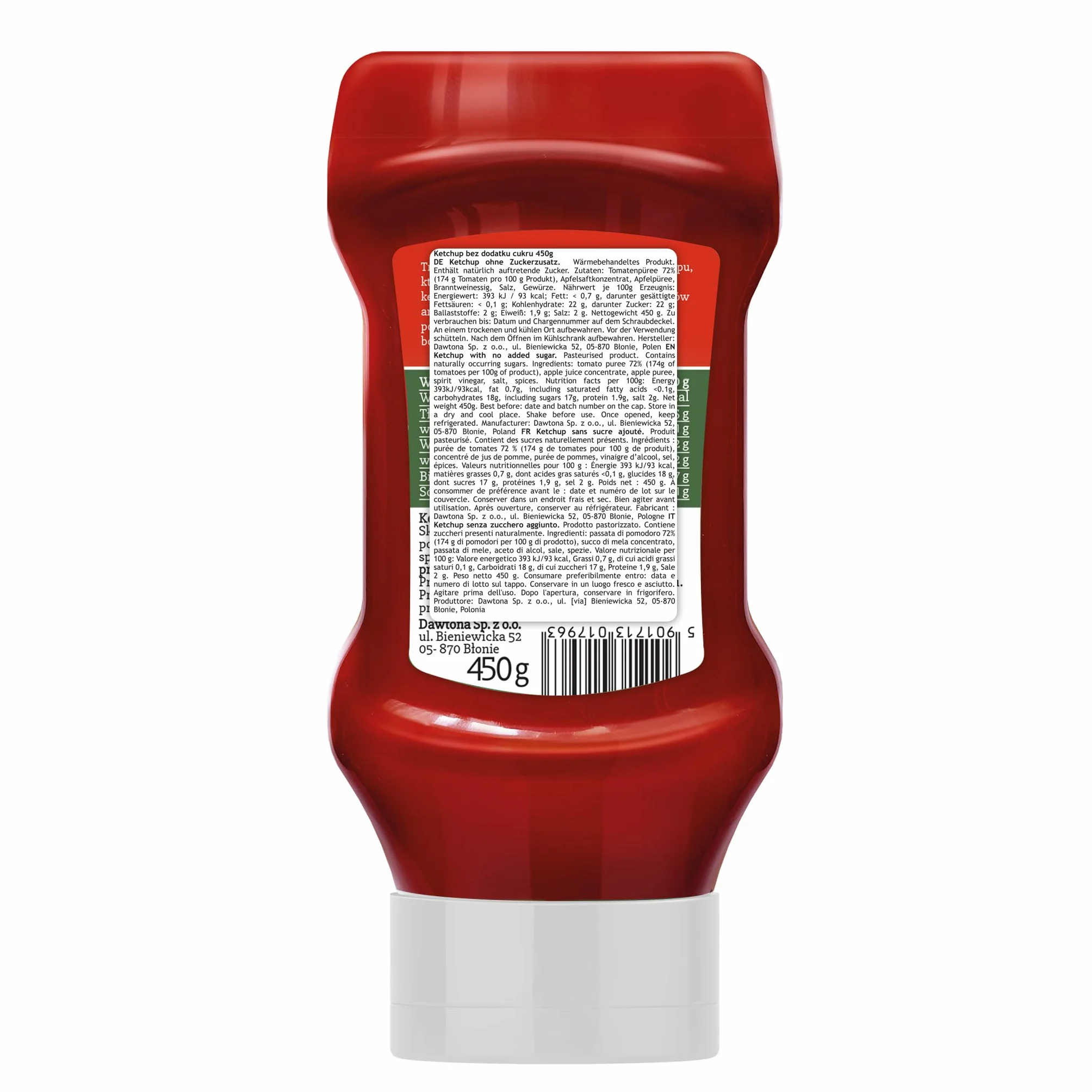 DAWTONA Ketchup Łagodny Bez Cukru 450g, 100% Czysty Skład z Polskich Pomidorów, bez Konserwantów i bez Skrobi, Naturalnie Gęsty - Idealny do Dań Fit, Pizzy, Kanapek i Burgerów