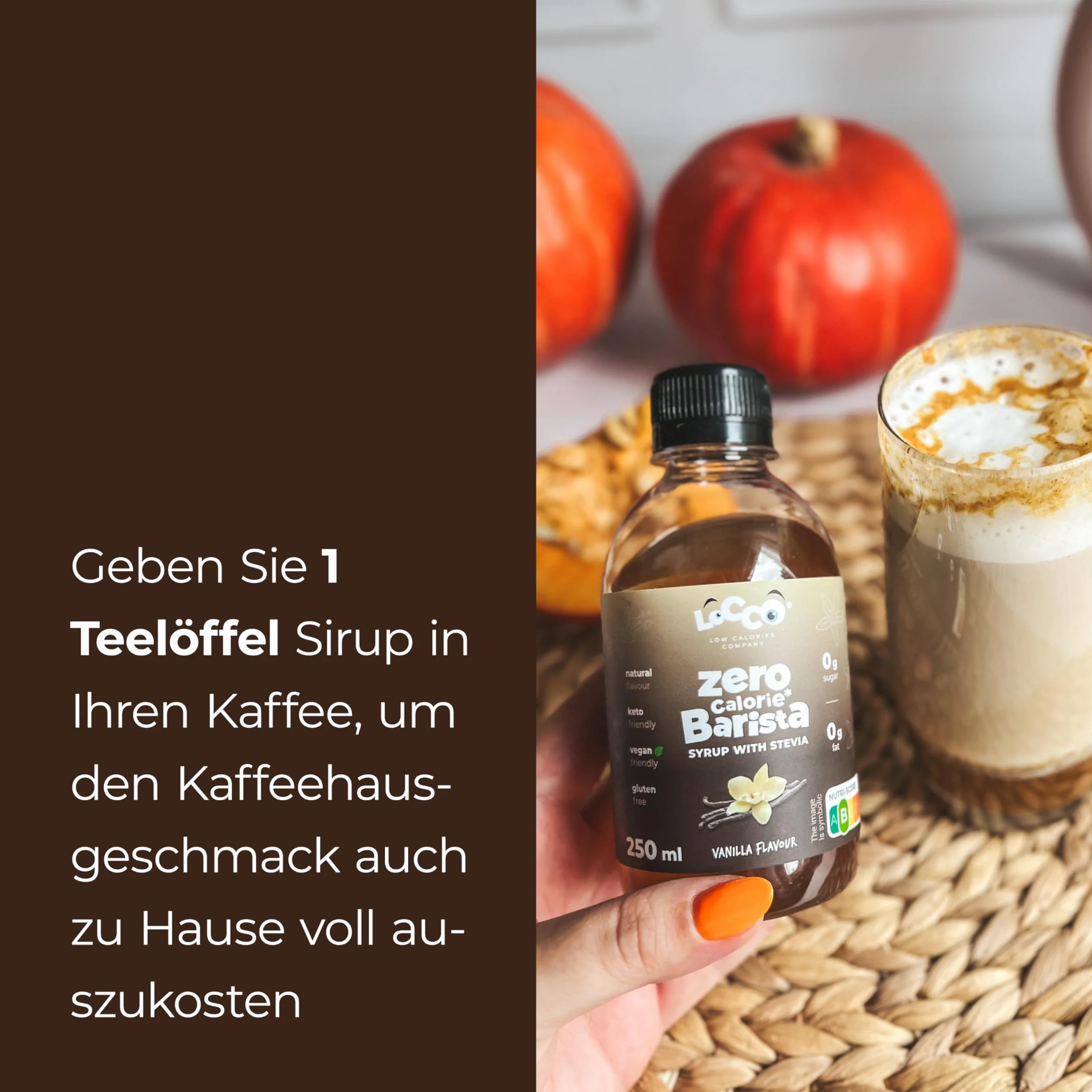 Locco Zestaw Syropów do Kawy Bez Cukru o Smaku Wanilii Karmelu i Piernika – Zero Kalorii Syropy Barista do Napojów i Deserów ze Stewią i Sukralozą 3x250ml