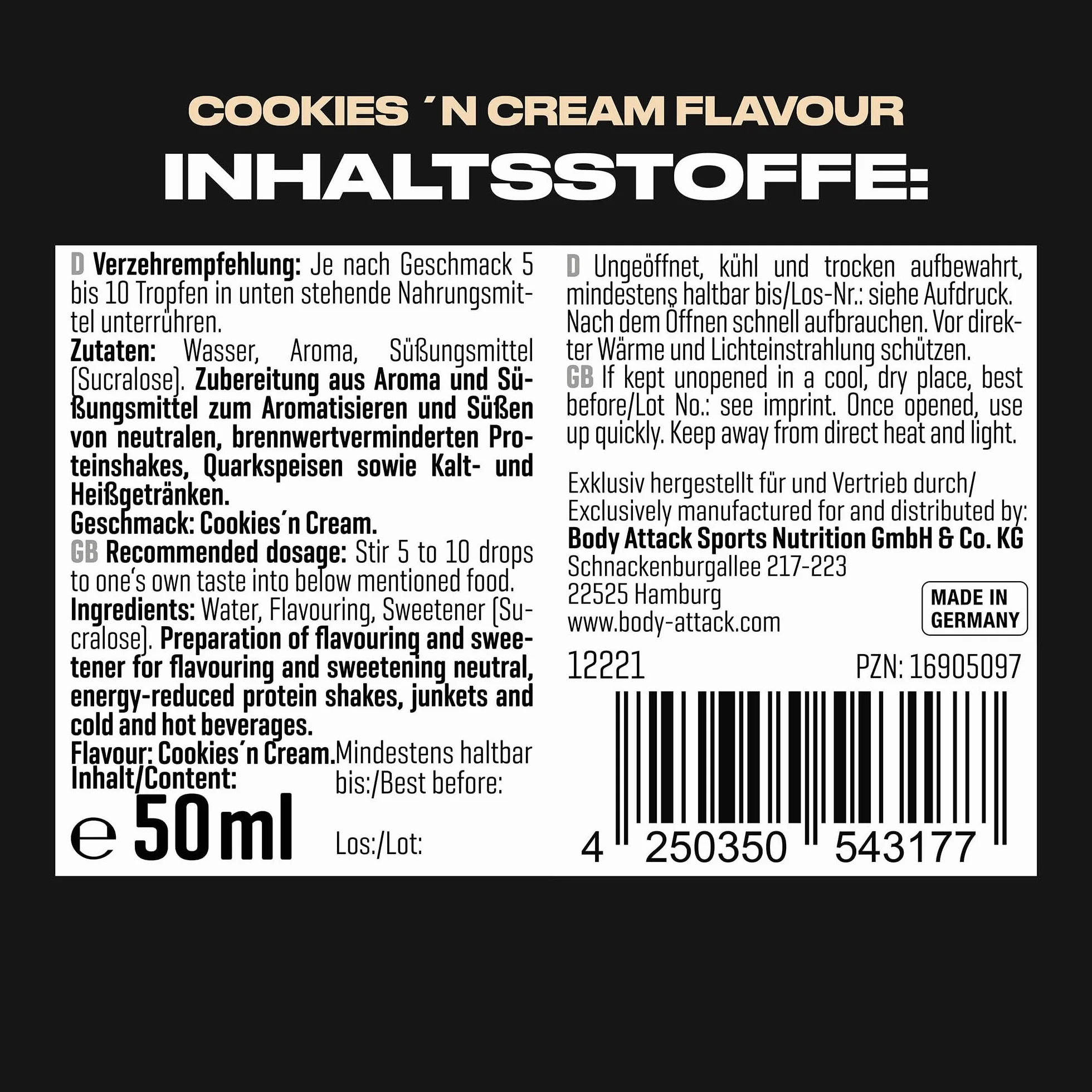 Body Attack Flav Drops®, 50 ml, Cookies'n Cream, krople aromatyczne do żywności, bez cukru, bez kalorii, wegańskie i wysokiej jakości, Made in Germany