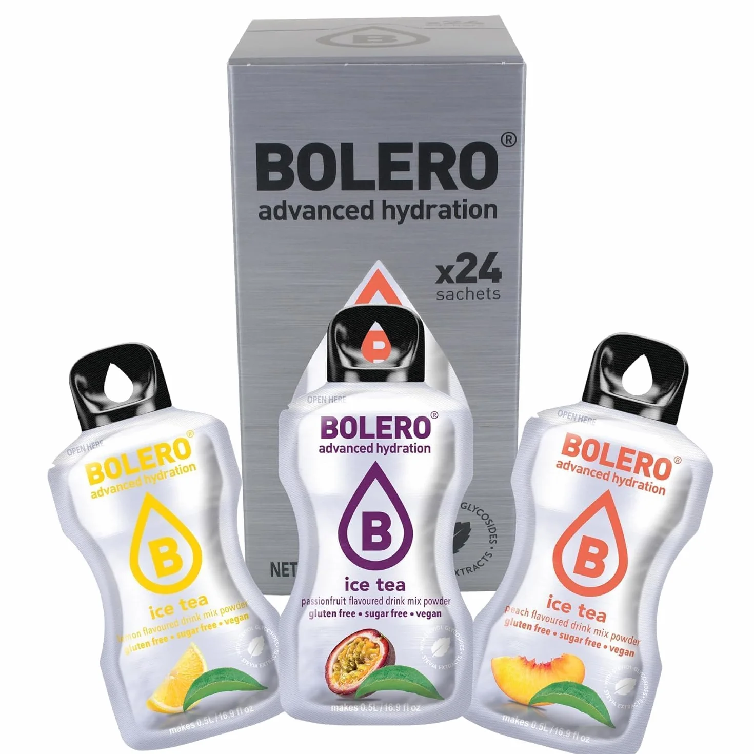 Bolero ICE TEA MIX 24x3g | Proszek do napojów bez cukru, słodzony stewią + witamina C | odpowiedni dla dzieci, sportowców i diabetyków | bezglutenowy i przyjazny dla wegan