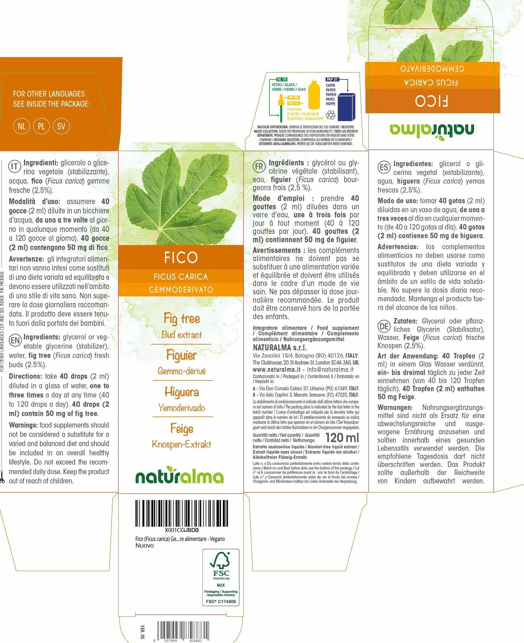 Figowiec pospolity (Ficus carica) Bezalkoholowy ekstrakt ze świeżych pączków Naturalma - Płynny ekstrakt w kroplach 120 ml - Suplement diety - Wegański