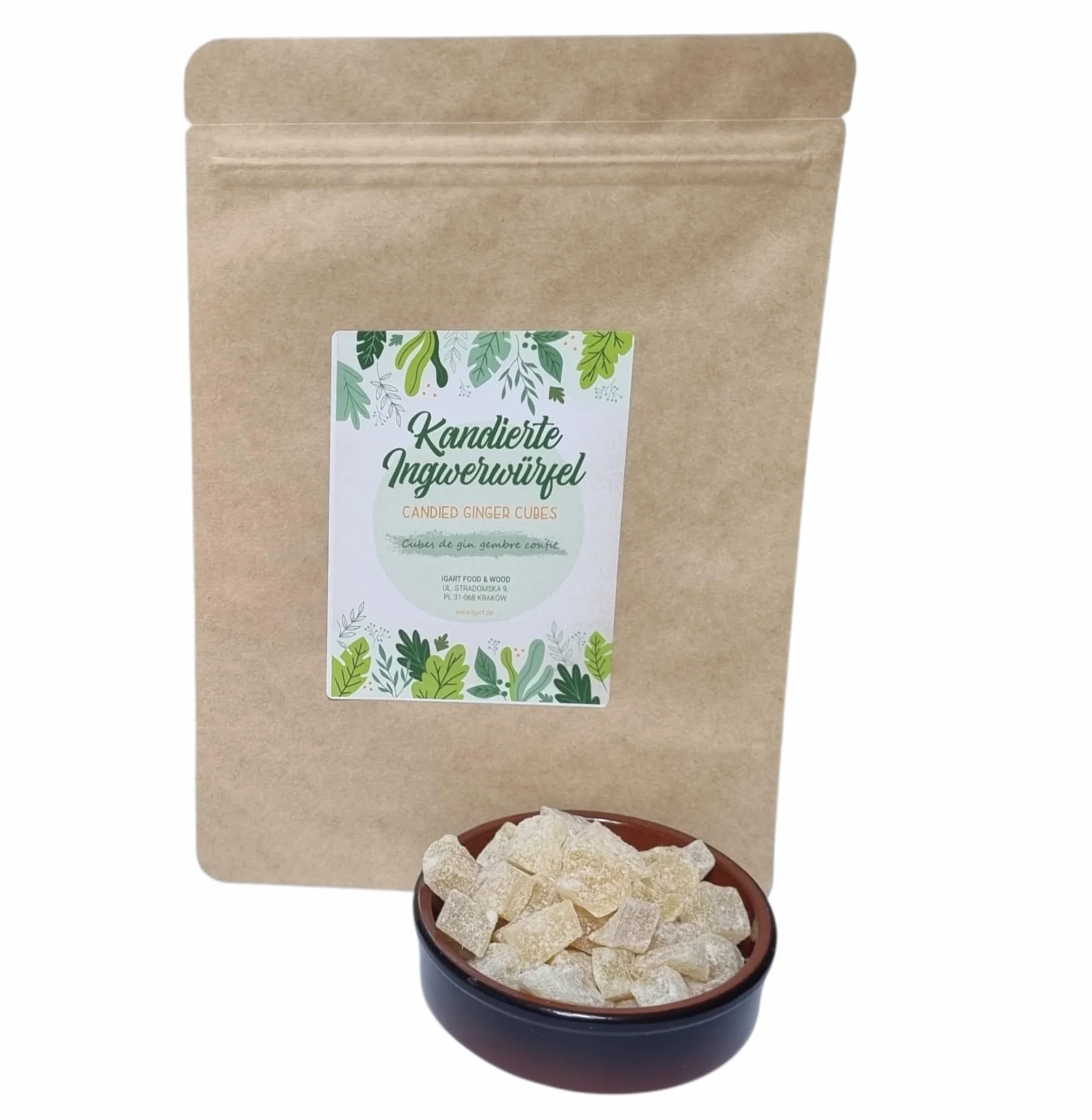 IGART FOOD & WOOD Imbir Kandyzowany Kostka Aromatyczny Dodatek do Herbaty Wypieków oraz Deserów Słodka Przekąska (250g)