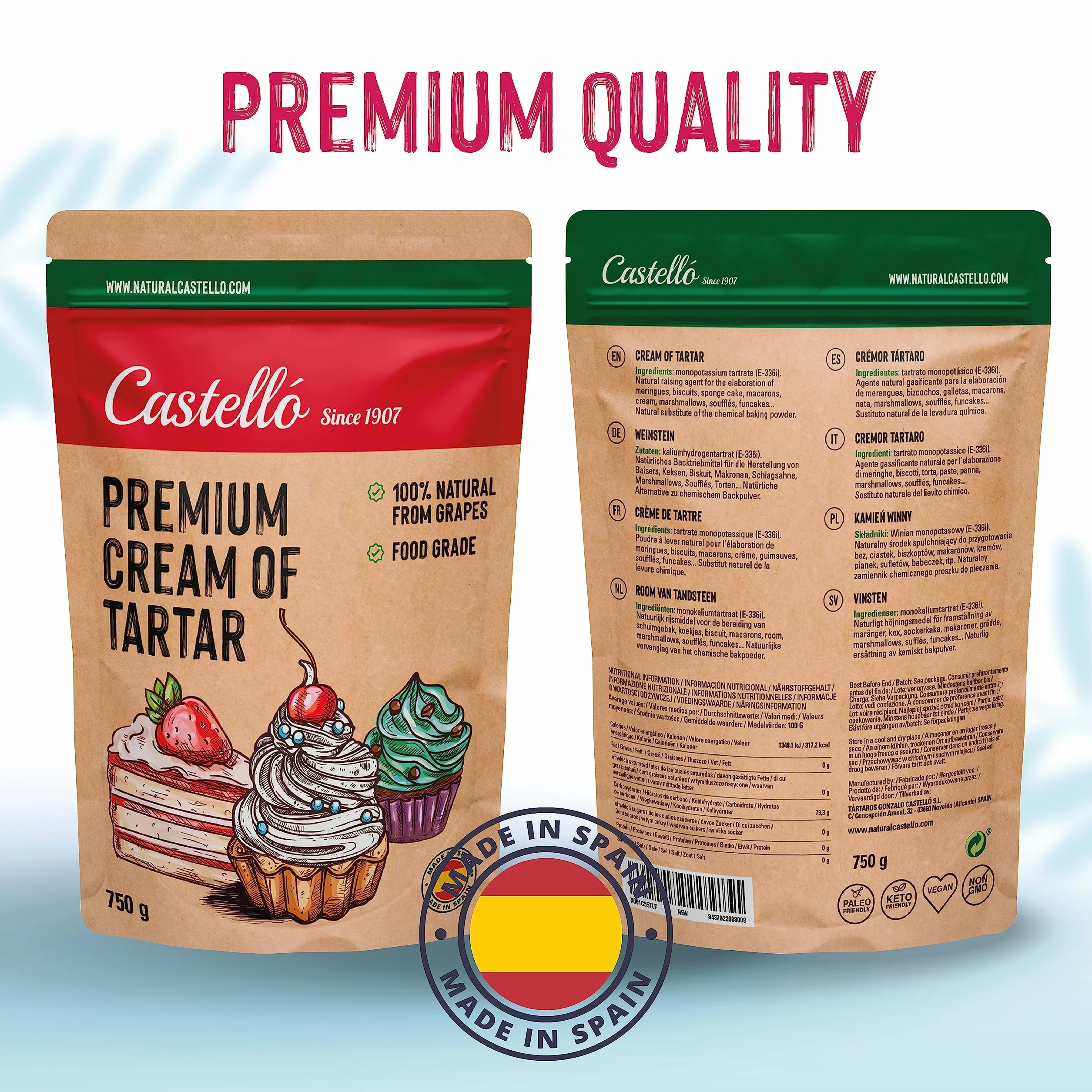 Castello since 1907 Kamień winny (Cream of Tartar) 750 g - 100% naturalny - Naturalna substytutka proszku do pieczenia - Bezglutenowy - Bez fosforanów - Keto i Paleo - Bez GMO