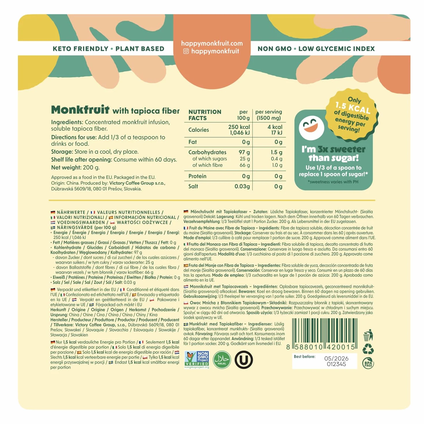 Słodzik z owocu mnicha w proszku Happy Monkfruit® 200 g 3× słodszy od cukru naturalny keto niskowęglowodanowy z błonnikiem prebiotycznym 150 porcji