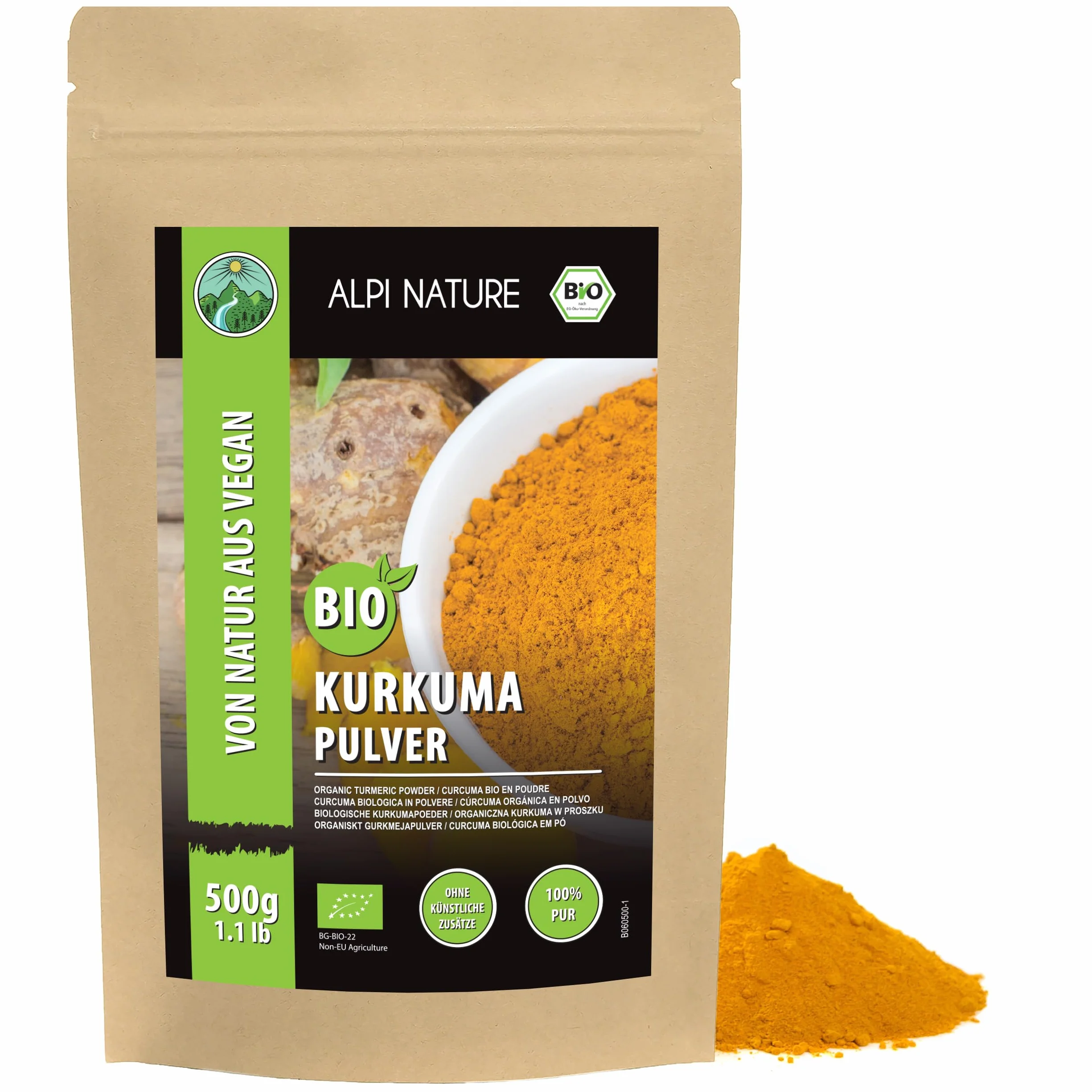 Alpi Nature Ekologiczny Proszek z Kurkumy 500g, Mielony Korzeń Kurkumy do Gotowania i Złotego Mleka