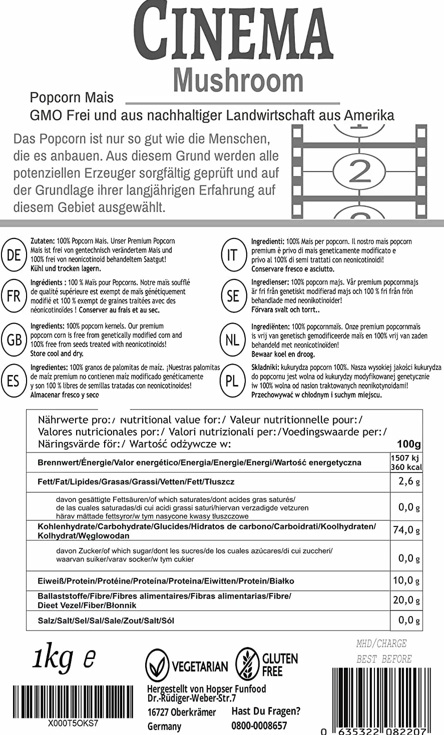Premium Mushroom Popcorn kinowy 1 kg worek XL 1:46 Premium współczynnik ekspansji w ponownie zamykanym woreczku, bez GMO