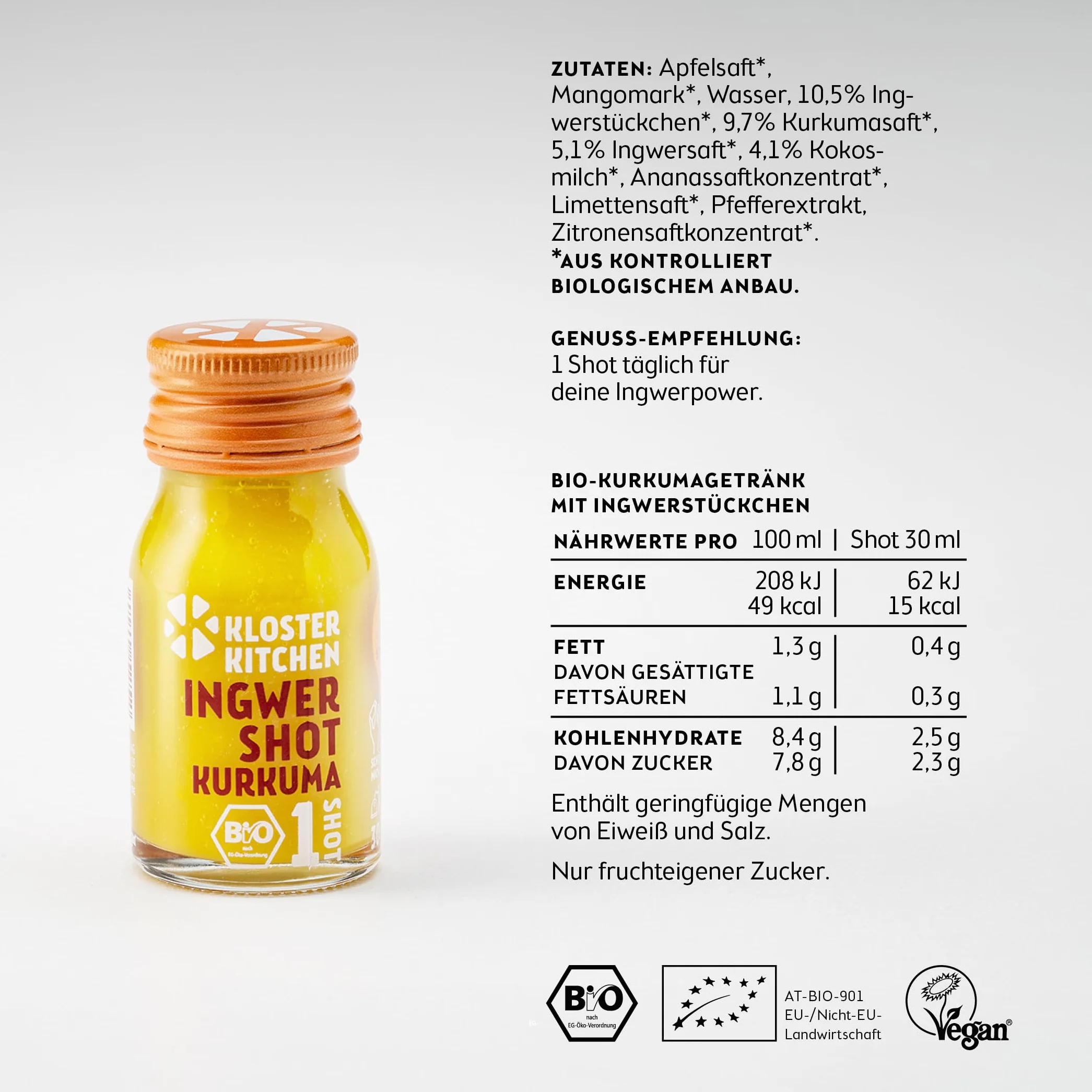 Kloster Kitchen Bio imbir Shot Kurkuma 1SHOT 14 x 30 ml z prawdziwymi kawałkami imbiru