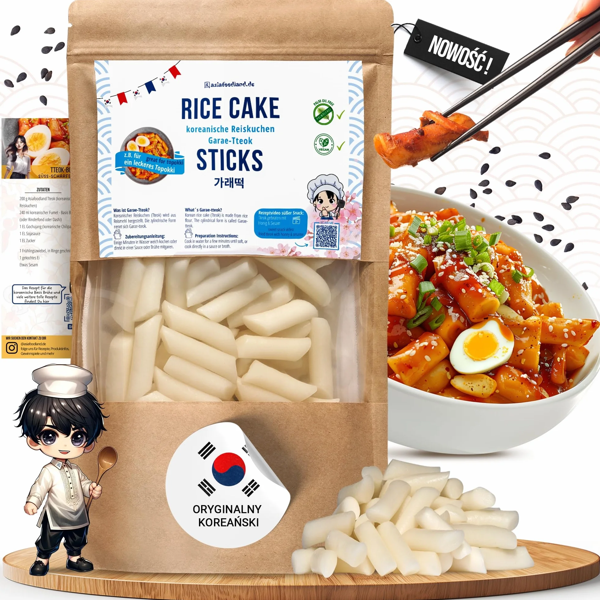 asiafoodland - Ciasto ryżowe naturalne - Paluszki ryżowe - Ciasto ryżowe - Makaron ryżowy - np. do Tteok-bokki/Topokki, 1 opakowanie (1 x 400g)