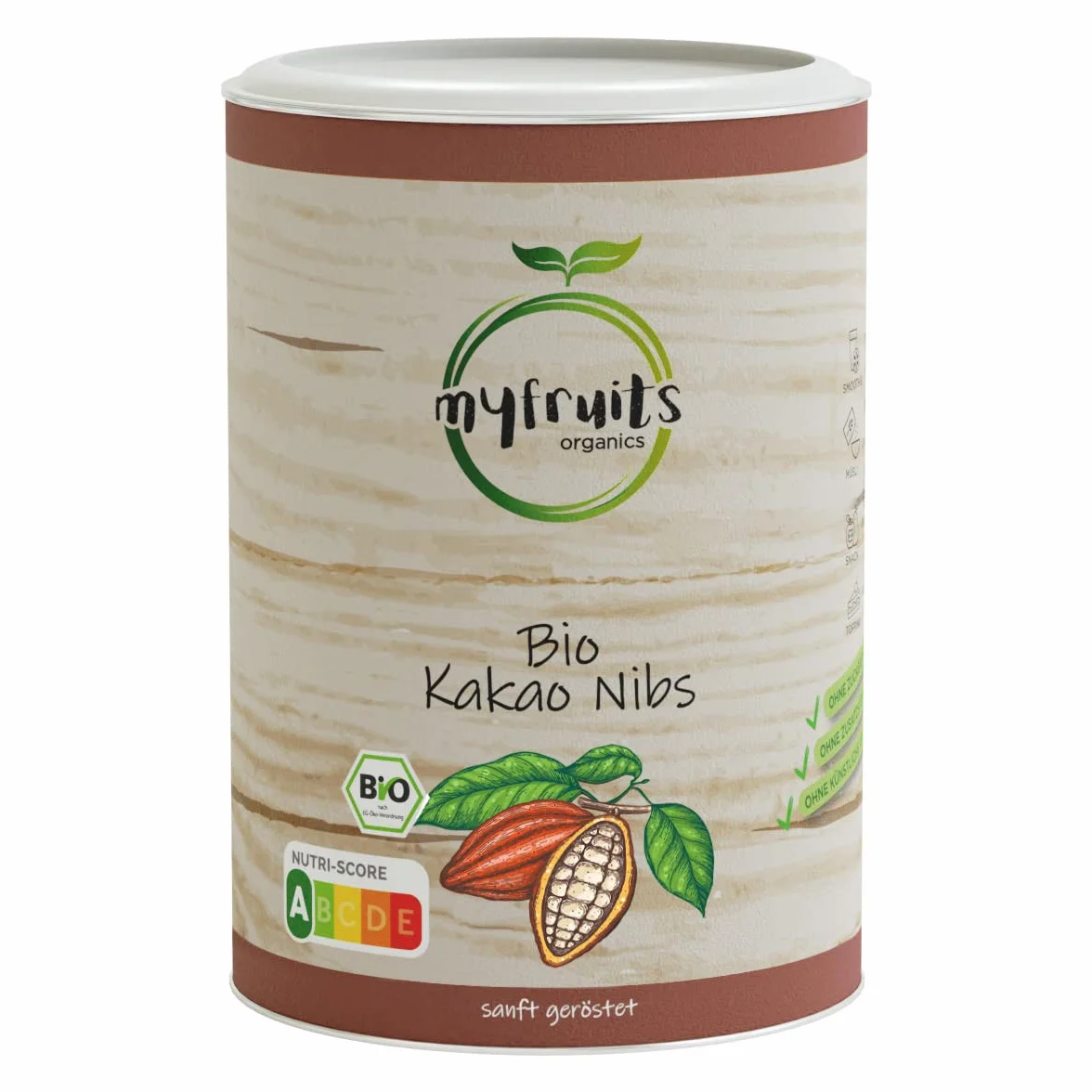myfruits Bio Nibs kakao, 450 g, ziarna kakaowe bez dodatków, bez cukru, delikatnie prażone dla uzyskania czekoladowego smaku, do pieczenia lub musli